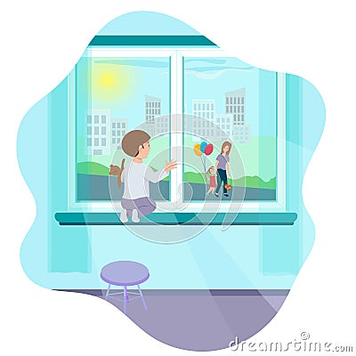 Orphan child, orphanage, orphans, boy looks out the window and misses his parents Vector Illustration